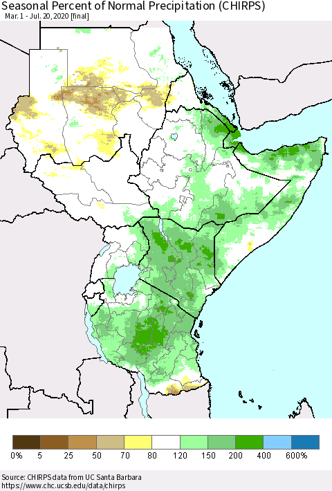 Eastern Africa Seasonal Percent of Normal Precipitation (CHIRPS) Thematic Map For 3/1/2020 - 7/20/2020