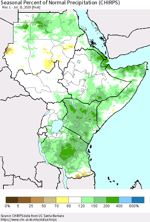 Eastern Africa Seasonal Percent of Normal Precipitation (CHIRPS) Thematic Map For 3/1/2020 - 7/31/2020