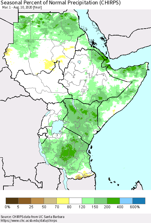 Eastern Africa Seasonal Percent of Normal Precipitation (CHIRPS) Thematic Map For 3/1/2020 - 8/10/2020