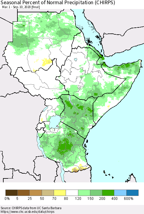 Eastern Africa Seasonal Percent of Normal Precipitation (CHIRPS) Thematic Map For 3/1/2020 - 9/10/2020