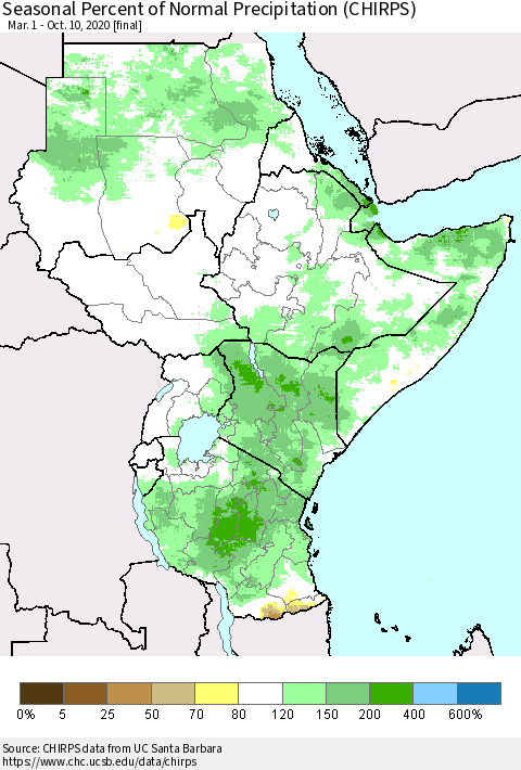 Eastern Africa Seasonal Percent of Normal Precipitation (CHIRPS) Thematic Map For 3/1/2020 - 10/10/2020