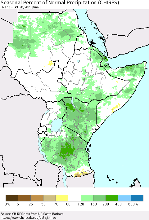 Eastern Africa Seasonal Percent of Normal Precipitation (CHIRPS) Thematic Map For 3/1/2020 - 10/20/2020