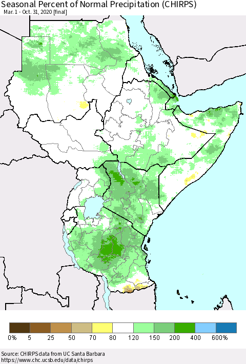 Eastern Africa Seasonal Percent of Normal Precipitation (CHIRPS) Thematic Map For 3/1/2020 - 10/31/2020