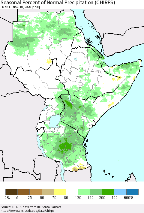Eastern Africa Seasonal Percent of Normal Precipitation (CHIRPS) Thematic Map For 3/1/2020 - 11/10/2020