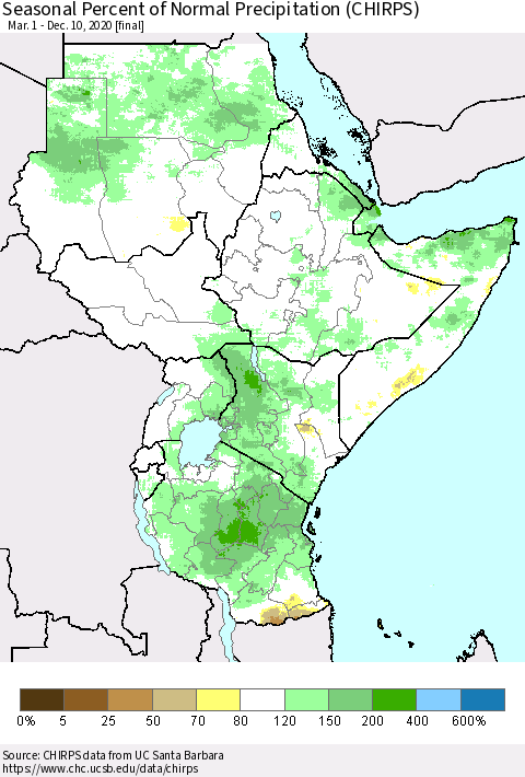 Eastern Africa Seasonal Percent of Normal Precipitation (CHIRPS) Thematic Map For 3/1/2020 - 12/10/2020
