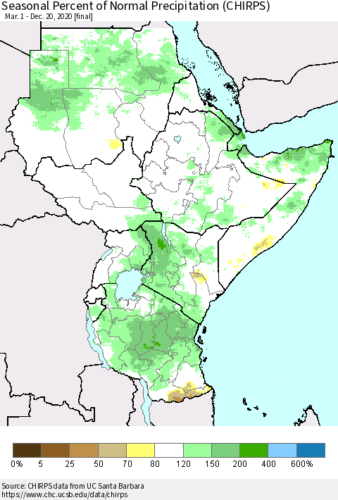 Eastern Africa Seasonal Percent of Normal Precipitation (CHIRPS) Thematic Map For 3/1/2020 - 12/20/2020