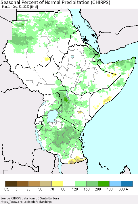 Eastern Africa Seasonal Percent of Normal Precipitation (CHIRPS) Thematic Map For 3/1/2020 - 12/31/2020