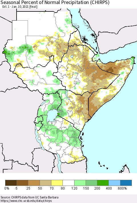 Eastern Africa Seasonal Percent of Normal Precipitation (CHIRPS) Thematic Map For 10/1/2020 - 1/10/2021