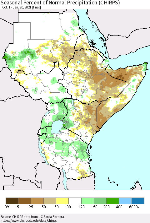 Eastern Africa Seasonal Percent of Normal Precipitation (CHIRPS) Thematic Map For 10/1/2020 - 1/20/2021