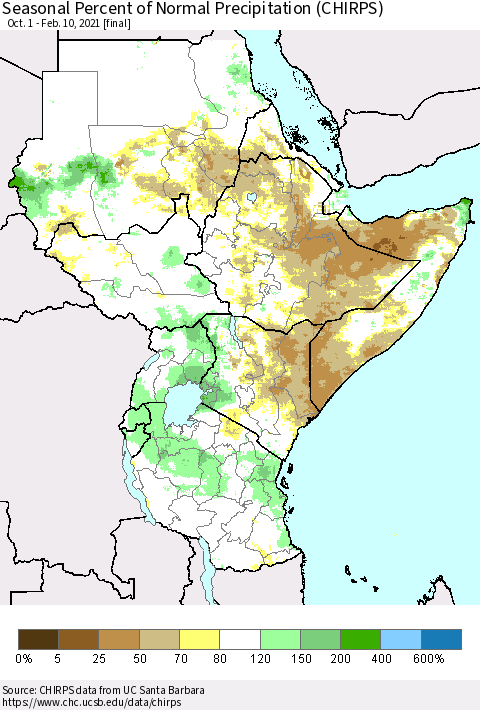 Eastern Africa Seasonal Percent of Normal Precipitation (CHIRPS) Thematic Map For 10/1/2020 - 2/10/2021