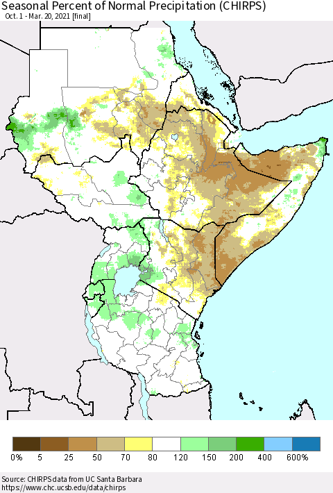 Eastern Africa Seasonal Percent of Normal Precipitation (CHIRPS) Thematic Map For 10/1/2020 - 3/20/2021