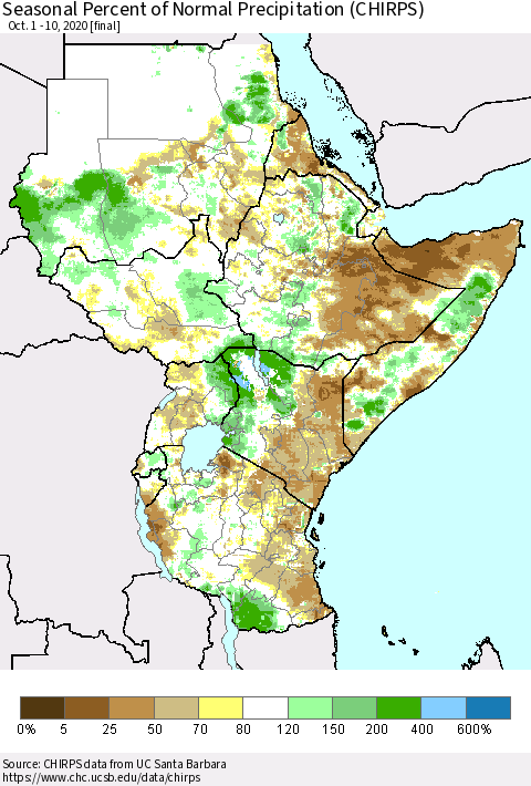 Eastern Africa Seasonal Percent of Normal Precipitation (CHIRPS) Thematic Map For 10/1/2020 - 10/10/2020
