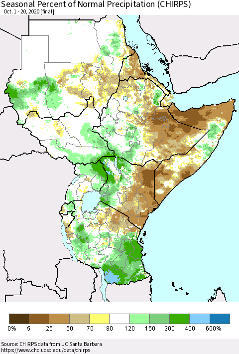 Eastern Africa Seasonal Percent of Normal Precipitation (CHIRPS) Thematic Map For 10/1/2020 - 10/20/2020