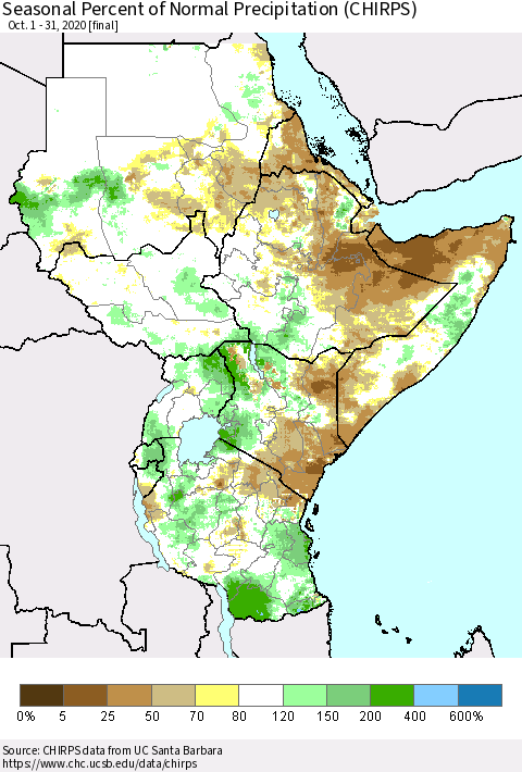 Eastern Africa Seasonal Percent of Normal Precipitation (CHIRPS) Thematic Map For 10/1/2020 - 10/31/2020