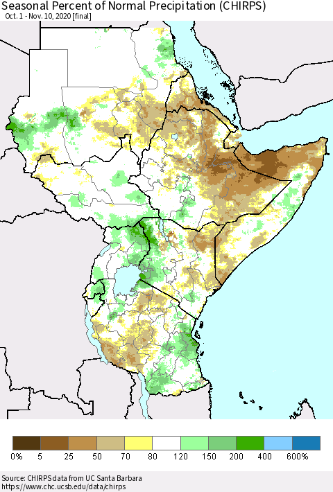 Eastern Africa Seasonal Percent of Normal Precipitation (CHIRPS) Thematic Map For 10/1/2020 - 11/10/2020