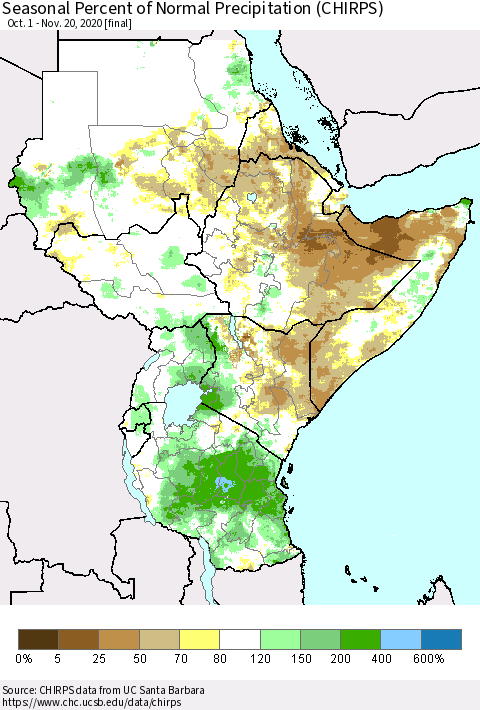 Eastern Africa Seasonal Percent of Normal Precipitation (CHIRPS) Thematic Map For 10/1/2020 - 11/20/2020