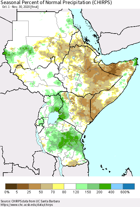 Eastern Africa Seasonal Percent of Normal Precipitation (CHIRPS) Thematic Map For 10/1/2020 - 11/30/2020