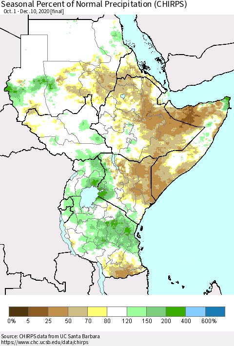 Eastern Africa Seasonal Percent of Normal Precipitation (CHIRPS) Thematic Map For 10/1/2020 - 12/10/2020
