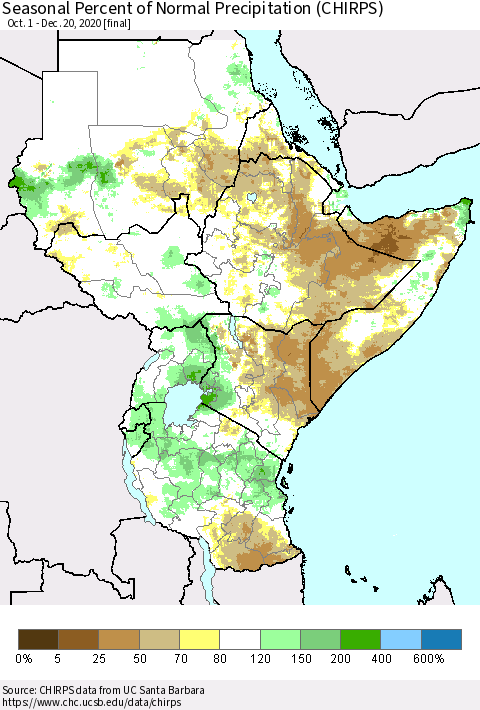 Eastern Africa Seasonal Percent of Normal Precipitation (CHIRPS) Thematic Map For 10/1/2020 - 12/20/2020