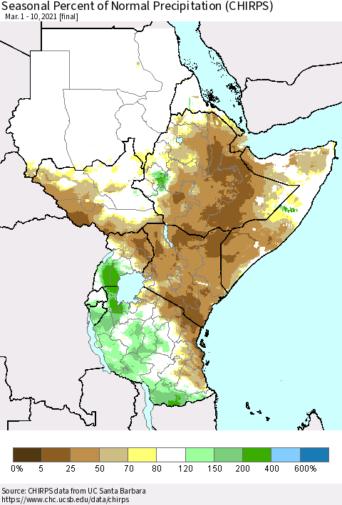 Eastern Africa Seasonal Percent of Normal Precipitation (CHIRPS) Thematic Map For 3/1/2021 - 3/10/2021