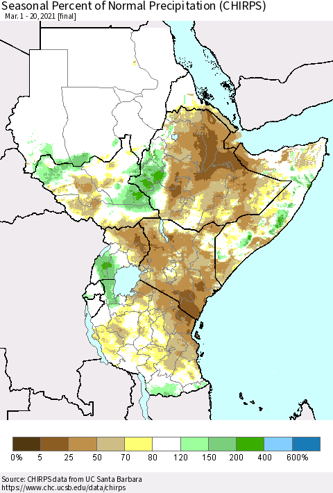 Eastern Africa Seasonal Percent of Normal Precipitation (CHIRPS) Thematic Map For 3/1/2021 - 3/20/2021