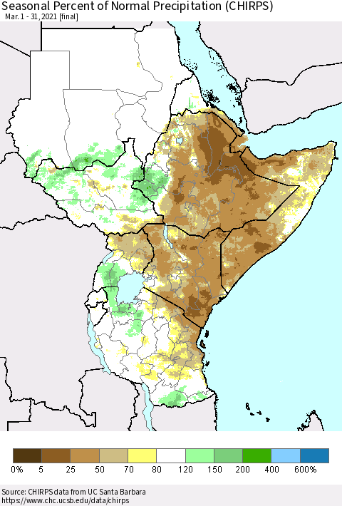 Eastern Africa Seasonal Percent of Normal Precipitation (CHIRPS) Thematic Map For 3/1/2021 - 3/31/2021