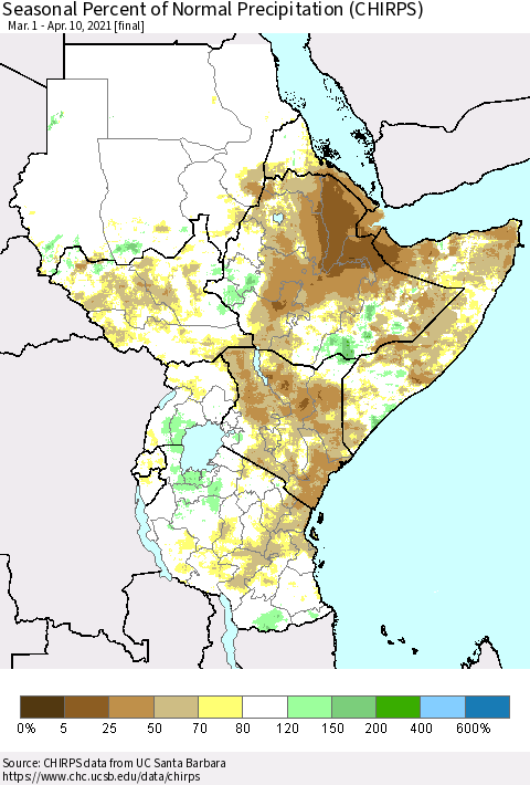 Eastern Africa Seasonal Percent of Normal Precipitation (CHIRPS) Thematic Map For 3/1/2021 - 4/10/2021