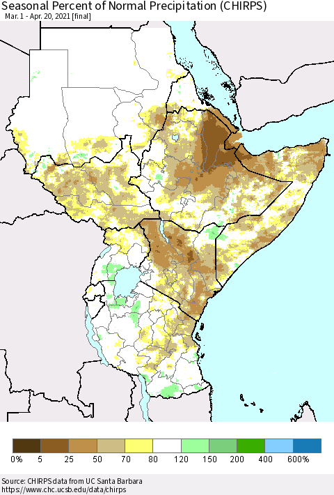 Eastern Africa Seasonal Percent of Normal Precipitation (CHIRPS) Thematic Map For 3/1/2021 - 4/20/2021