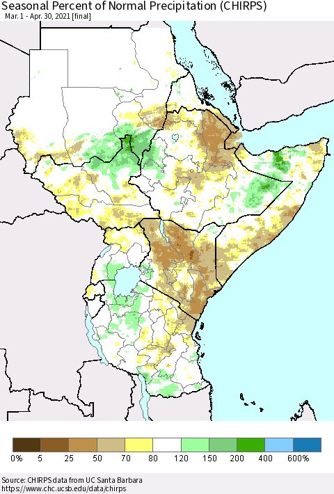 Eastern Africa Seasonal Percent of Normal Precipitation (CHIRPS) Thematic Map For 3/1/2021 - 4/30/2021
