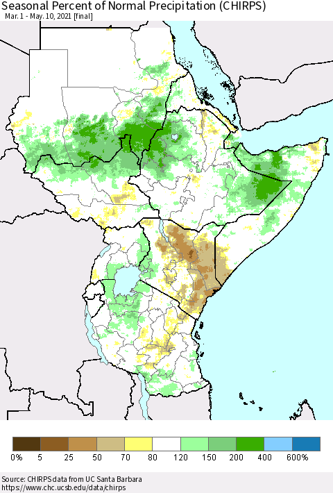 Eastern Africa Seasonal Percent of Normal Precipitation (CHIRPS) Thematic Map For 3/1/2021 - 5/10/2021