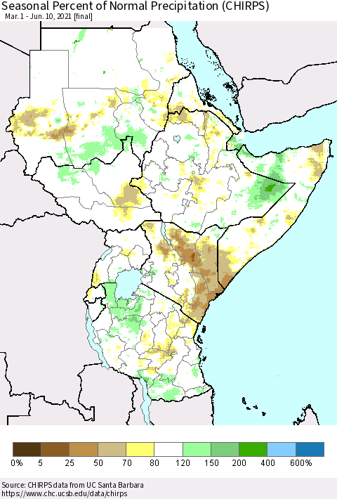 Eastern Africa Seasonal Percent of Normal Precipitation (CHIRPS) Thematic Map For 3/1/2021 - 6/10/2021