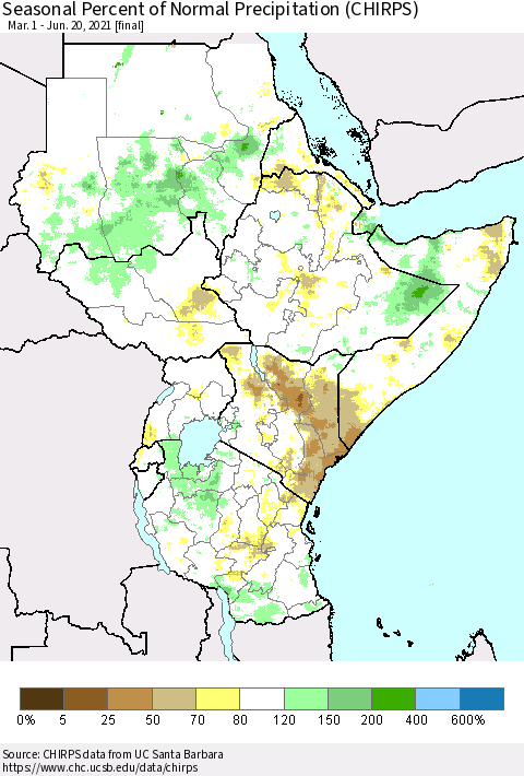 Eastern Africa Seasonal Percent of Normal Precipitation (CHIRPS) Thematic Map For 3/1/2021 - 6/20/2021