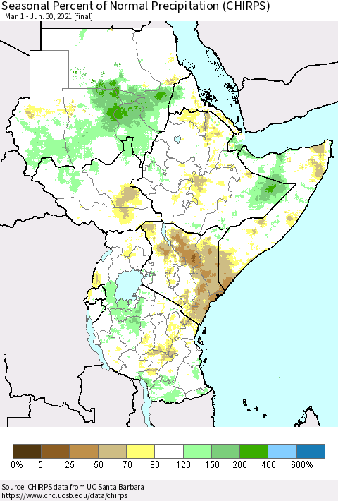 Eastern Africa Seasonal Percent of Normal Precipitation (CHIRPS) Thematic Map For 3/1/2021 - 6/30/2021
