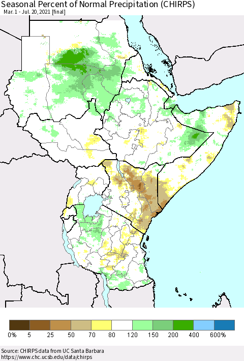 Eastern Africa Seasonal Percent of Normal Precipitation (CHIRPS) Thematic Map For 3/1/2021 - 7/20/2021