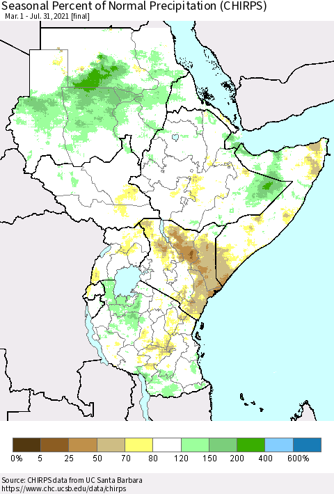 Eastern Africa Seasonal Percent of Normal Precipitation (CHIRPS) Thematic Map For 3/1/2021 - 7/31/2021