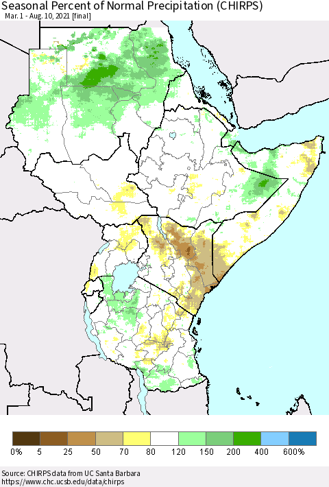 Eastern Africa Seasonal Percent of Normal Precipitation (CHIRPS) Thematic Map For 3/1/2021 - 8/10/2021