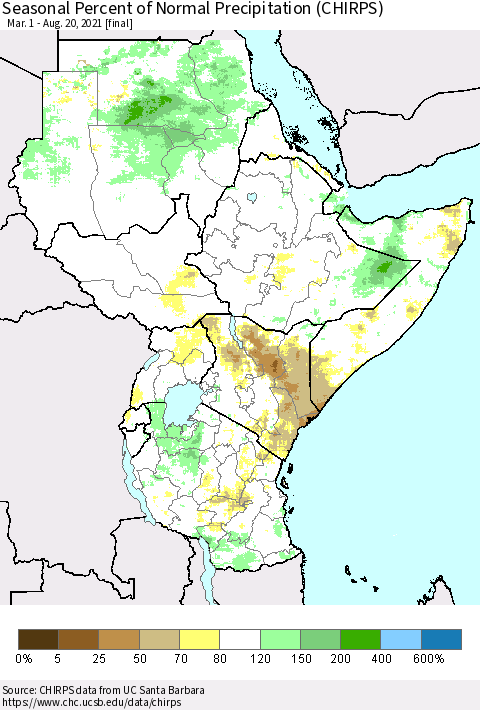 Eastern Africa Seasonal Percent of Normal Precipitation (CHIRPS) Thematic Map For 3/1/2021 - 8/20/2021