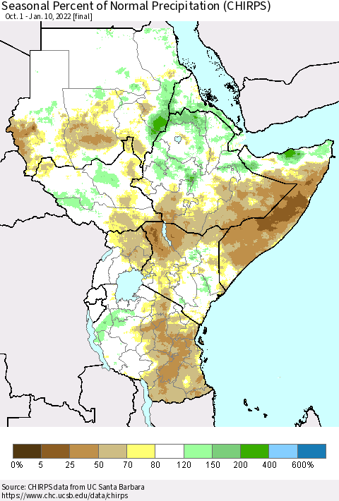 Eastern Africa Seasonal Percent of Normal Precipitation (CHIRPS) Thematic Map For 10/1/2021 - 1/10/2022