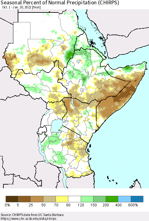 Eastern Africa Seasonal Percent of Normal Precipitation (CHIRPS) Thematic Map For 10/1/2021 - 1/20/2022