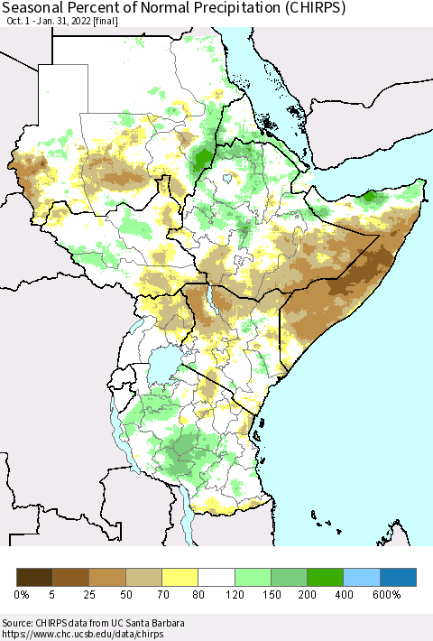 Eastern Africa Seasonal Percent of Normal Precipitation (CHIRPS) Thematic Map For 10/1/2021 - 1/31/2022