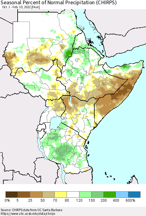 Eastern Africa Seasonal Percent of Normal Precipitation (CHIRPS) Thematic Map For 10/1/2021 - 2/10/2022