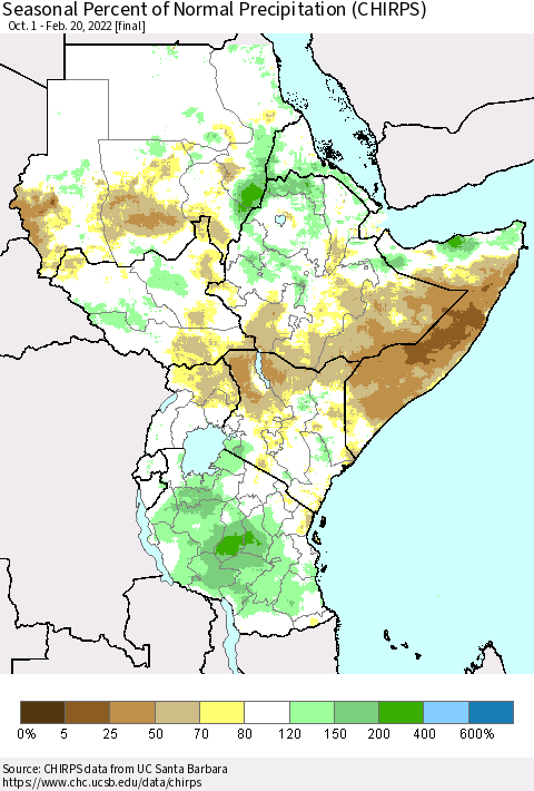 Eastern Africa Seasonal Percent of Normal Precipitation (CHIRPS) Thematic Map For 10/1/2021 - 2/20/2022