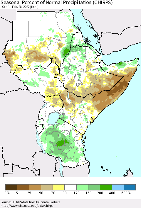 Eastern Africa Seasonal Percent of Normal Precipitation (CHIRPS) Thematic Map For 10/1/2021 - 2/28/2022