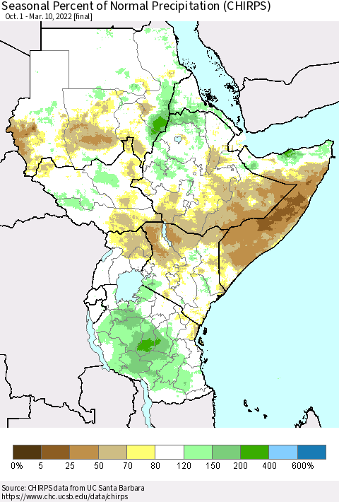 Eastern Africa Seasonal Percent of Normal Precipitation (CHIRPS) Thematic Map For 10/1/2021 - 3/10/2022