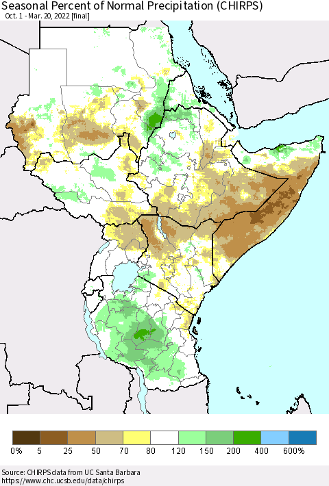 Eastern Africa Seasonal Percent of Normal Precipitation (CHIRPS) Thematic Map For 10/1/2021 - 3/20/2022