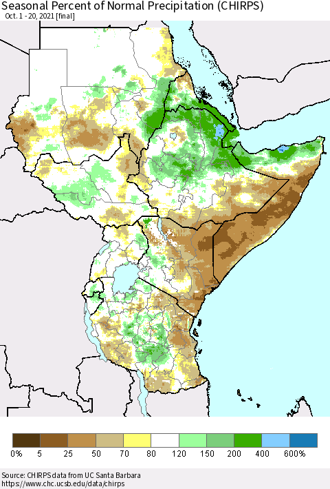 Eastern Africa Seasonal Percent of Normal Precipitation (CHIRPS) Thematic Map For 10/1/2021 - 10/20/2021