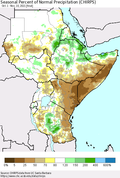 Eastern Africa Seasonal Percent of Normal Precipitation (CHIRPS) Thematic Map For 10/1/2021 - 11/10/2021