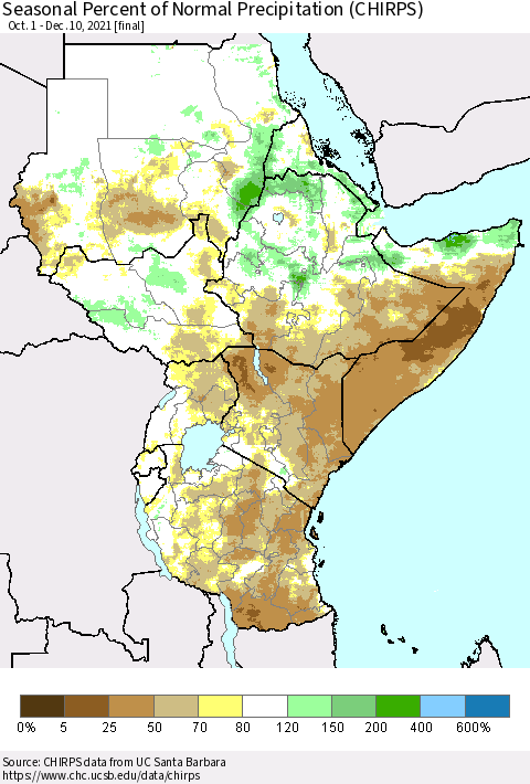 Eastern Africa Seasonal Percent of Normal Precipitation (CHIRPS) Thematic Map For 10/1/2021 - 12/10/2021