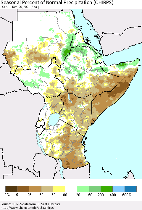 Eastern Africa Seasonal Percent of Normal Precipitation (CHIRPS) Thematic Map For 10/1/2021 - 12/20/2021