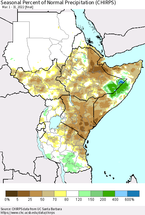 Eastern Africa Seasonal Percent of Normal Precipitation (CHIRPS) Thematic Map For 3/1/2022 - 3/31/2022